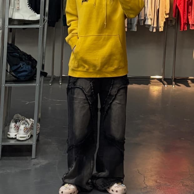 스투시 다이아몬드 자수 옐로우 후드티 A3008