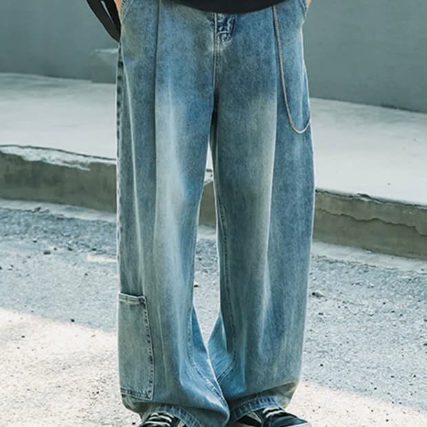 (3) 비긴202 원턱 와이드 카펜터 데님 팬츠 [블리치드 블루]