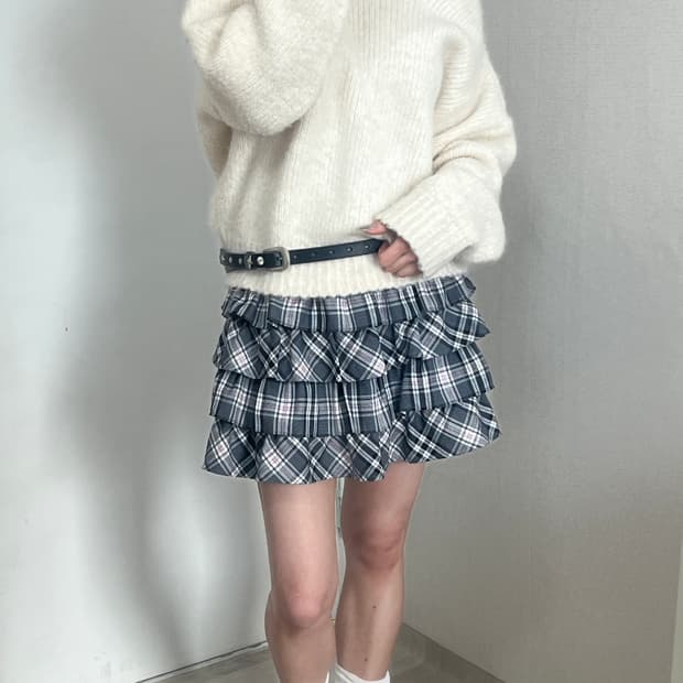 핑크 그레이 캉캉 체크 스커트