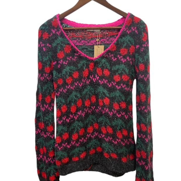 빈티지 체리패턴 v넥 니트