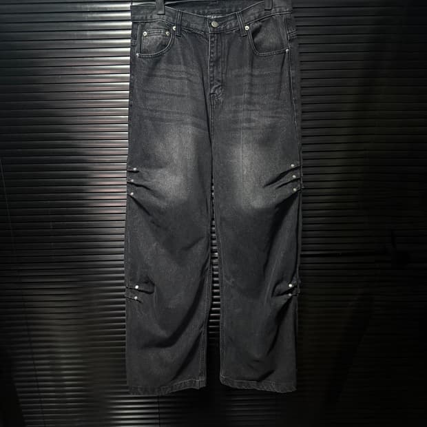 리벳 와이드 흑청 워싱 데님 와이드 팬츠 벌룬핏 스트릿 고스 펑크 락 춤