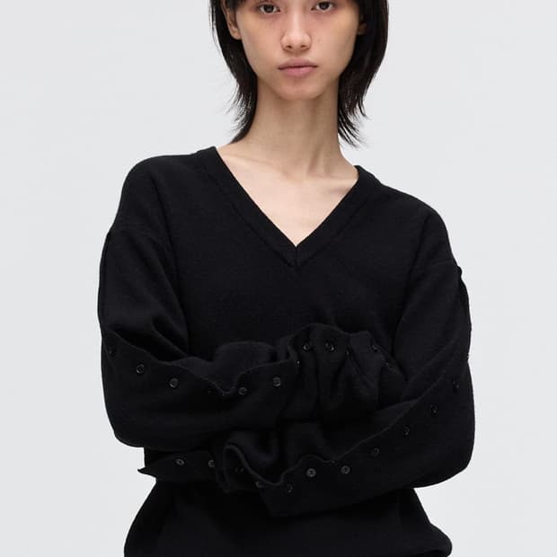 Button Sleeve V neck Knit, BLACK