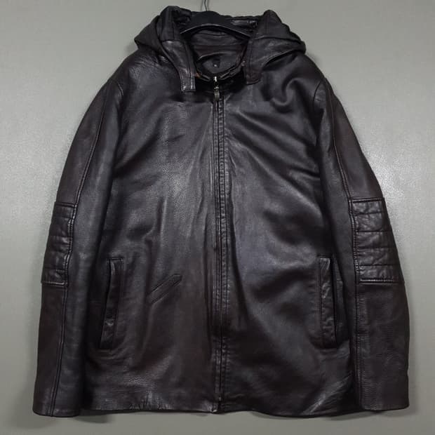 실측 M) 빈티지 양가죽 램스킨 엘보 디테일 레더 후드 자켓 브라운
