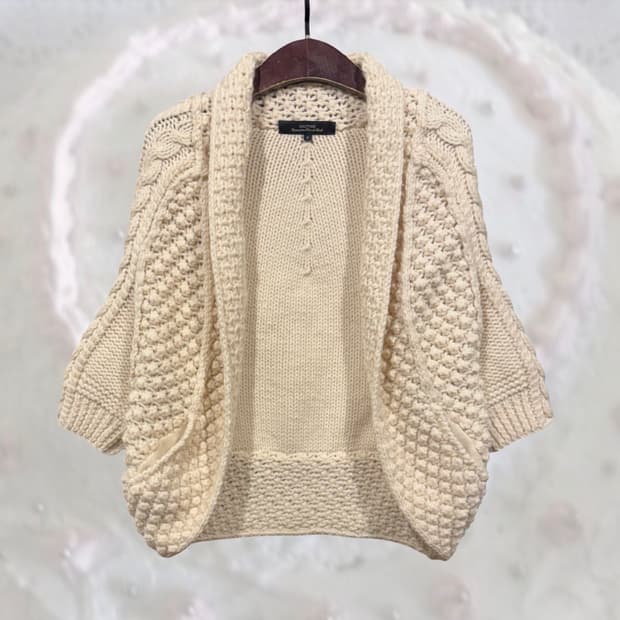 일본 빈티지 아이보리 울100 모리 숄카라 7부 도톰 가디건