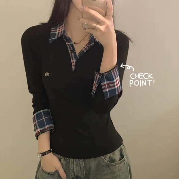 긱시크 배색 카라 레이어드 체크 티셔츠