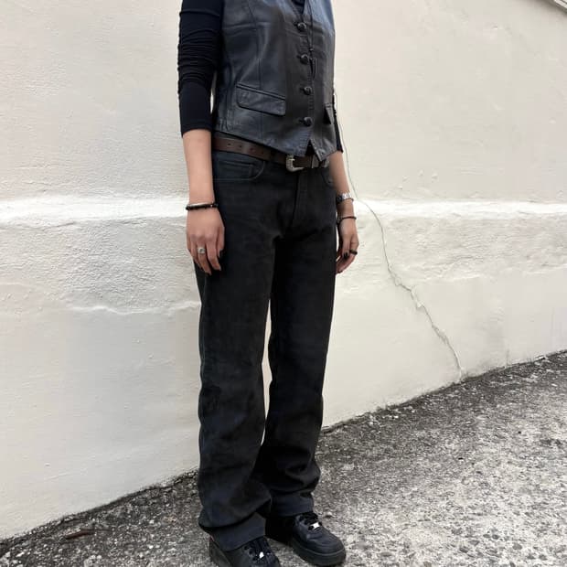 Washed leather straight pants