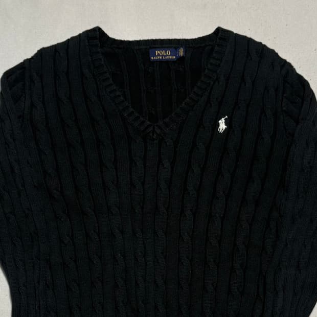 S 폴로랄프로렌 여성용 브이넥 블랙 케이블 니트