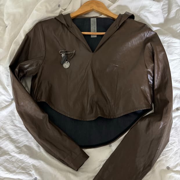 2000아카이브스 크롭 레더 후드 브라운