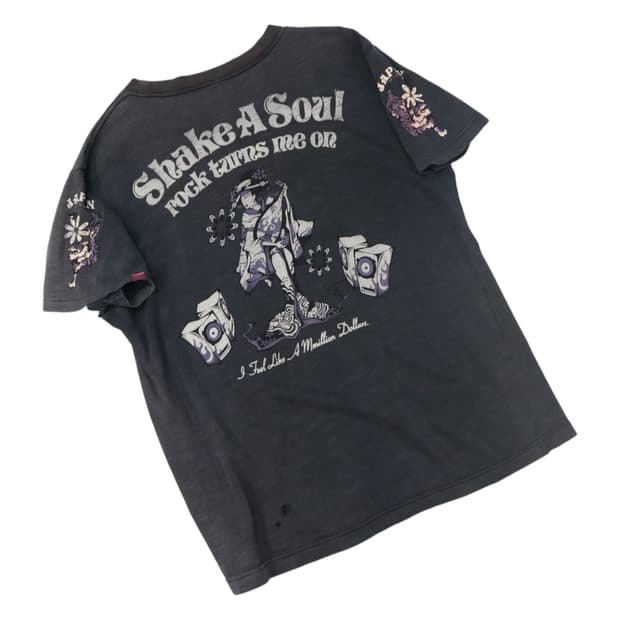 키스마크 빈티지 오리엔탈 스컬 락 그래픽 반팔티셔츠