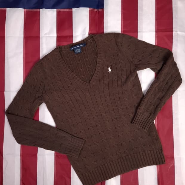 오리지날 랄프로렌폴로 스포츠 우먼 코튼 브이넥 케이블 니트