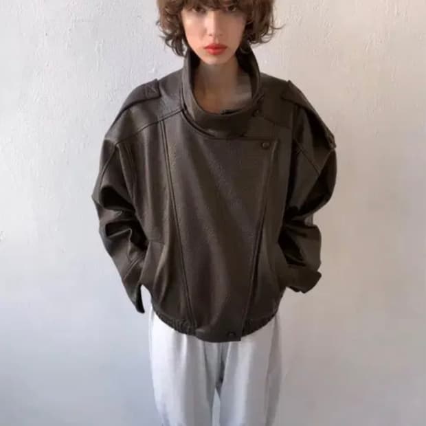 자라 하이넥 레더 점퍼 브라운 