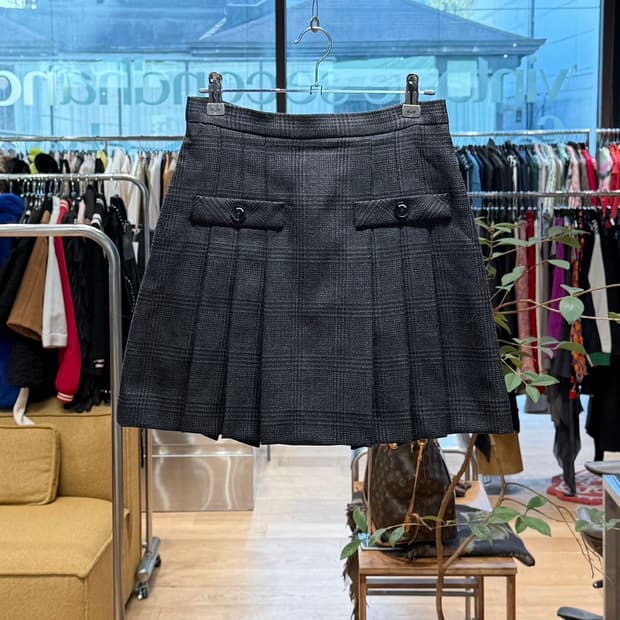 산드로 블랙 체크 플리츠 미니스커트 