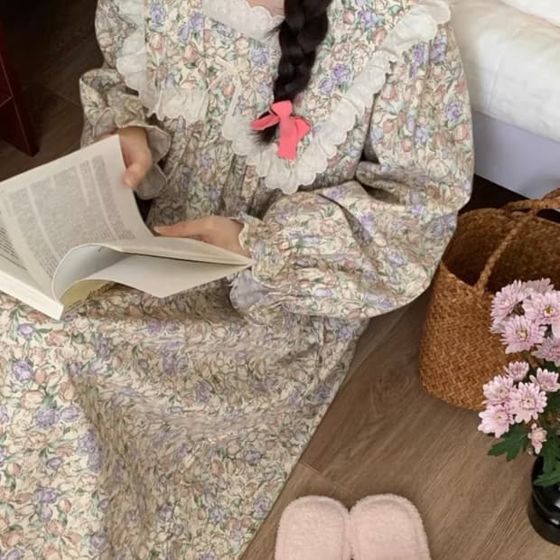 누아젤 빈티지 가든 롱파자마 (포근한 면기모 홈웨어)