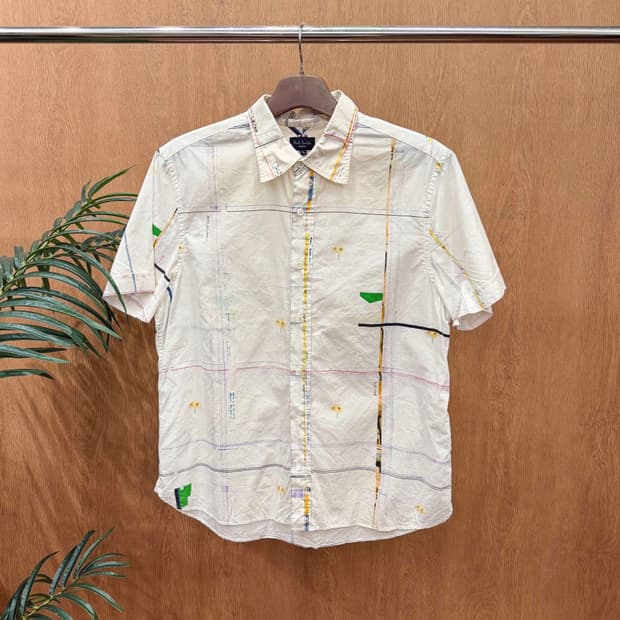 폴스미스 진스 반팔 코튼 셔츠 라인 그래픽 프린팅 디테일 화이트