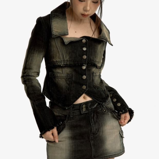 카시코 우먼 데님 스퀘어 넥 트러커 자켓 블랙