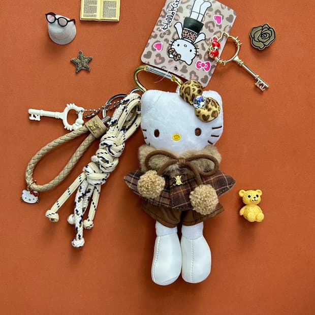 (13)롱다리키티 커스텀키링-💛 브라운 체크 & 레오파드 리본