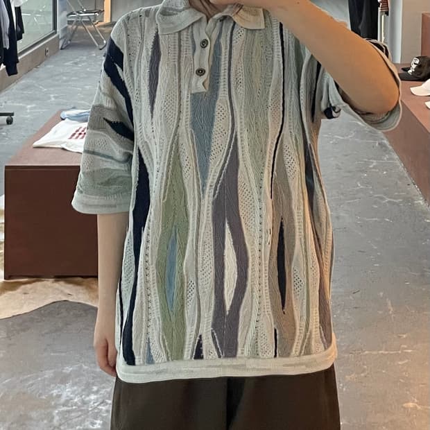 쿠지 3D 케이블 데미지 버튼 반팔니트 H2504