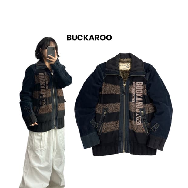 버커루 Y2K 락 펑크 빅로고 퍼 니트집업