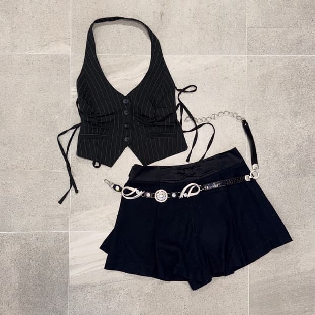 Black backless stripe shirring halter 나시