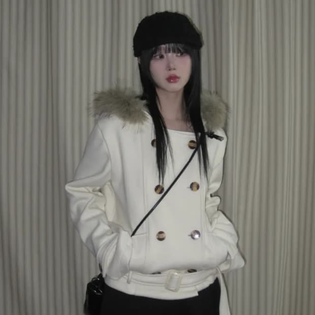 누아브: 퍼 트렌치 더블 버튼 아이보리 벨트 숏 퍼코트