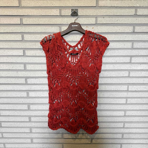 JPN VINTAGE 니트 민소매 그물망 디테일 레드