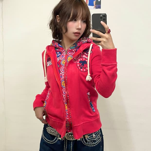 American Flag Double Red Hooded Zip-Up