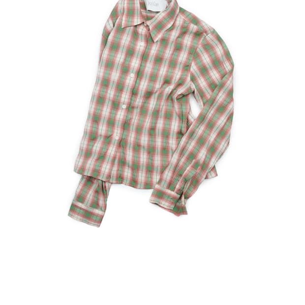 Yiyae Slim Crinkled Check Shirts _ Green