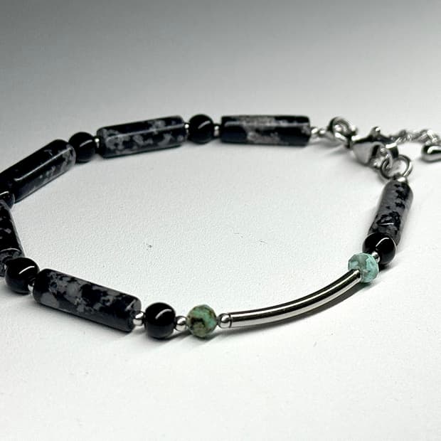 (핸드메이드) 천연석 오닉스 앤 터키석 유니크 체인 원석팔찌