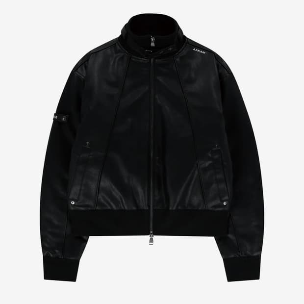 High-Neck Piping Leather Blouson (Black)