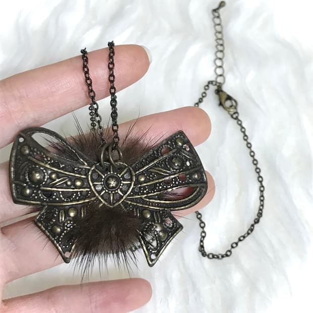 빈티지 갸루 리본 앙고라퍼 체인 목걸이