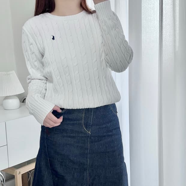 [정품] 폴로 화이트 / 네이비포니 꽈배기 라운드 니트 [ L ]
