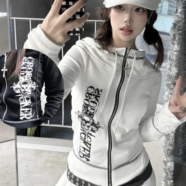 당일배송) 히니츠키 세츠나 y2k 펑크 슬림 후드집업 화이트