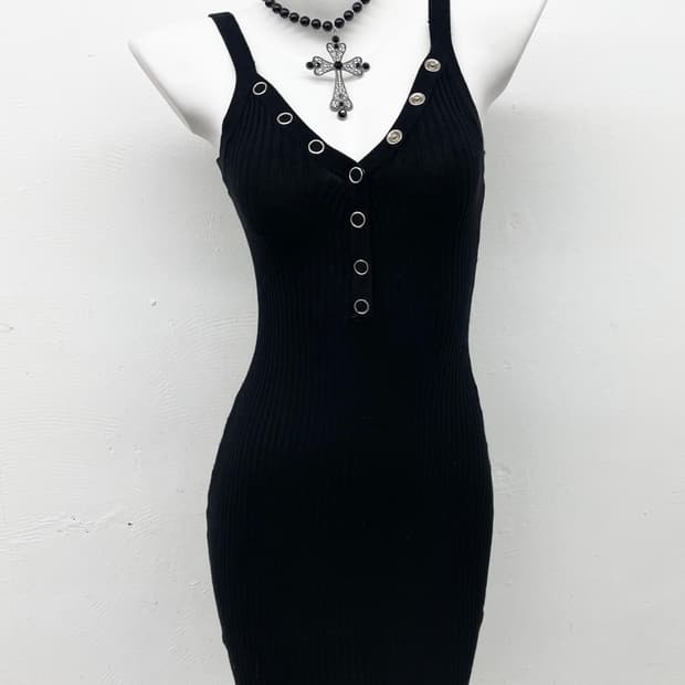 블랙 골지 버튼 원피스