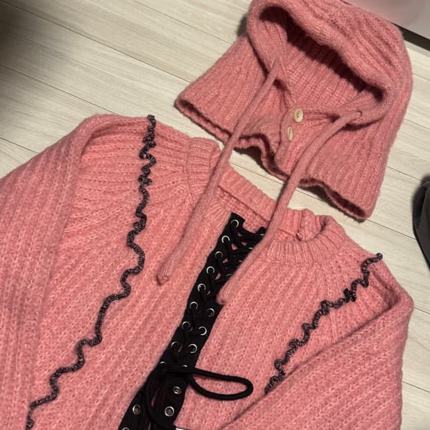 더미스테리어스호텔 빈티지 핑크 니트세트 바라클라바세트