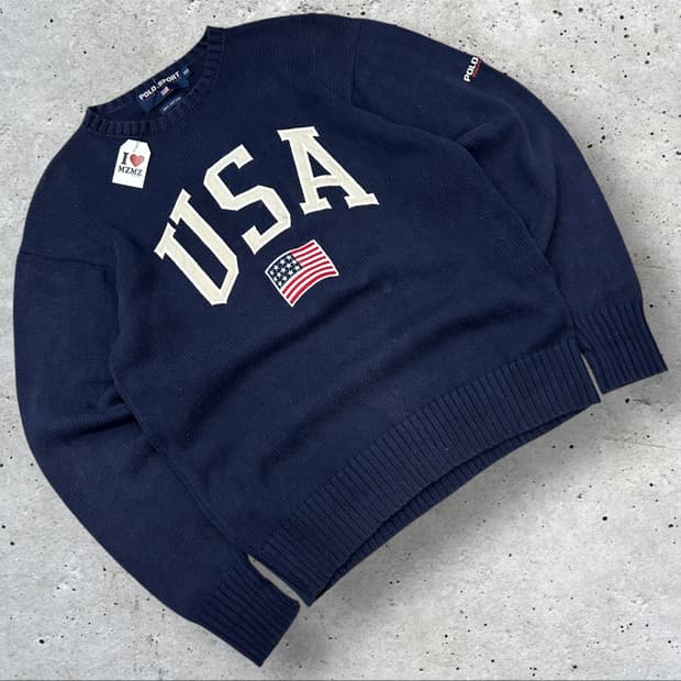 [100] 90s 폴로 스포츠 USA 니트 네이비 A953