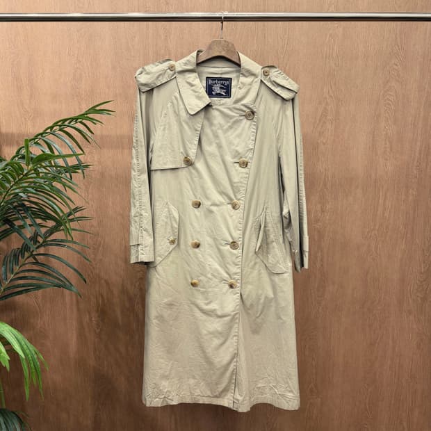 버버리 코튼 롱 트렌치 코트 더블 브레스티드 벨트 견장 디테일 베이지