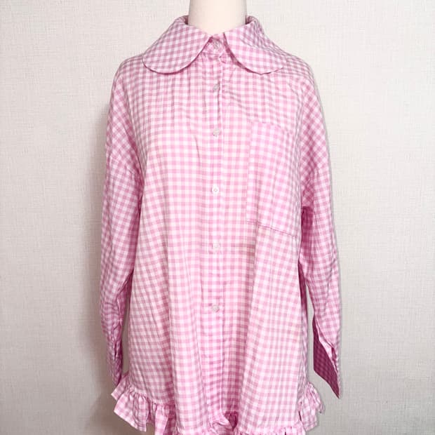 하라주쿠 레이스 핑크 깅엄체크 셔츠