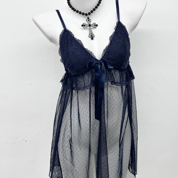 네이비 레이스 리본 슬립