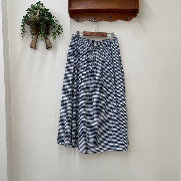 블루 잔체크 코튼 롱 스커트