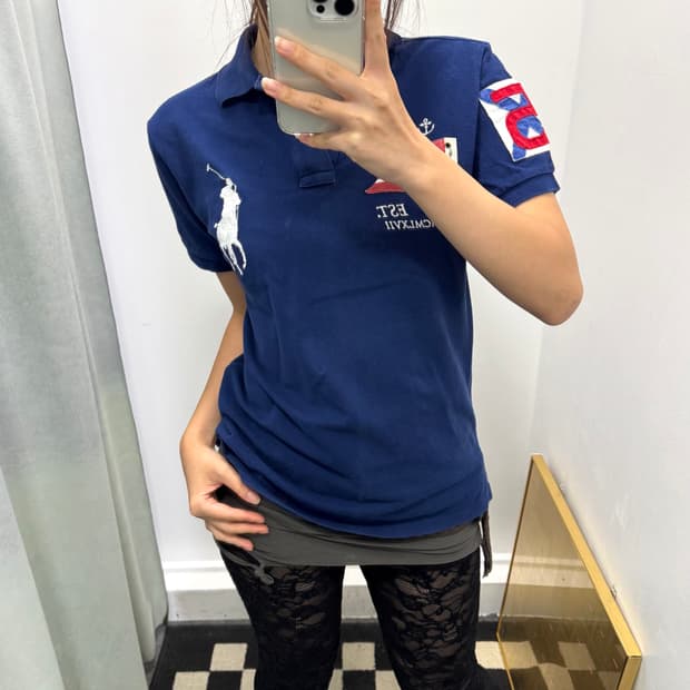 폴로 블루 빅포니 플래그 커스텀핏 카라 반팔티