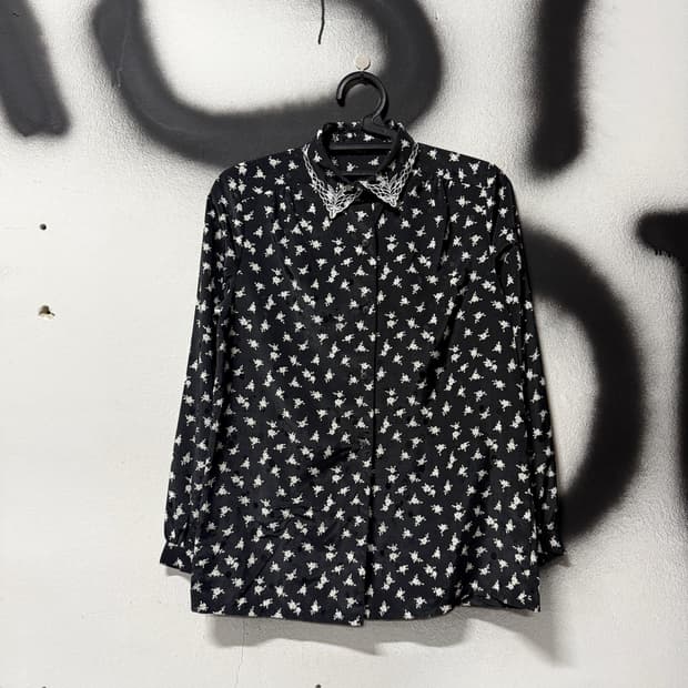 VTG 빈티지 도트 플로럴 패턴 자수 카라 긴팔 셔츠
