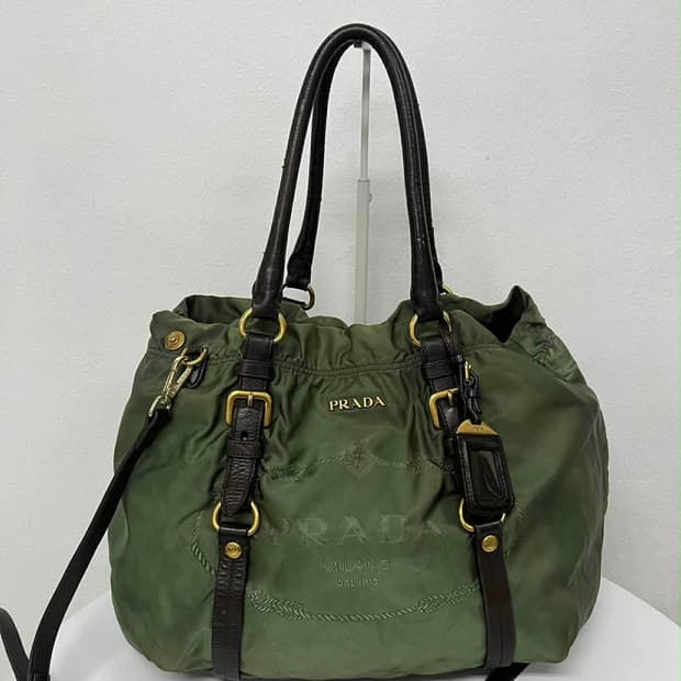 프라다 나일론 가죽 트림 숄더 토트백