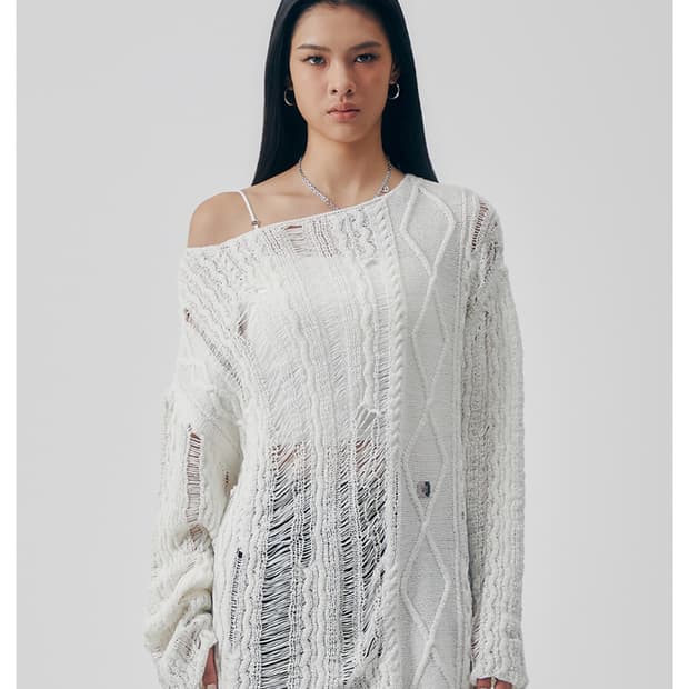트리밍버드 Mix Damage Twist Knit [ White ]