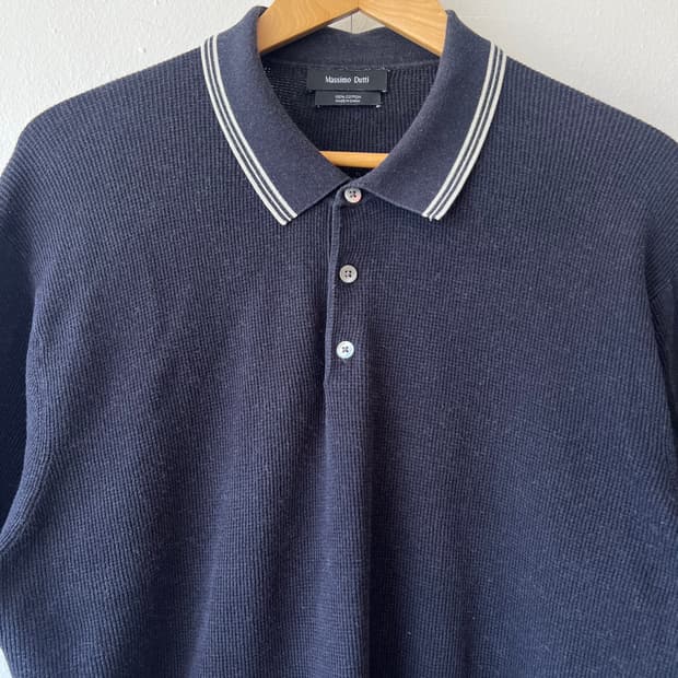 마시모뚜띠 남성 네이비 와플티셔츠 카라반팔티셔츠