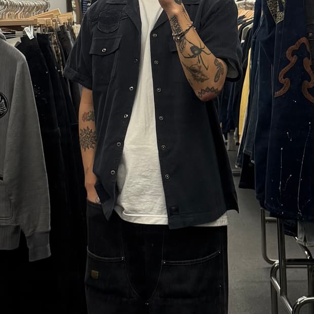 L) 할리데이비슨 빈티지 스트라이프 패치 자수 반팔 셔츠