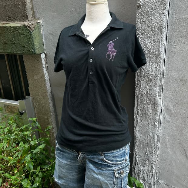 *rare* Jpn 00s 폴로 y2k 핑크큐빅 블랙 카라 티셔츠 