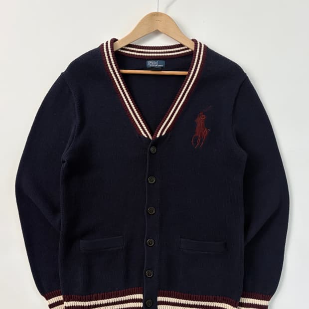 Polo 폴로 랄프로렌 버건디 빅포니 네이비컬러 코튼 브이넥 가디건 