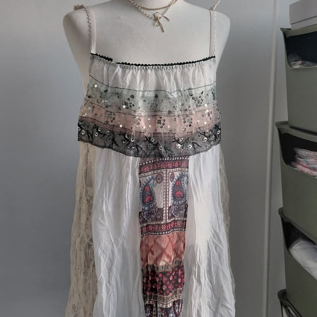 [빈티지] 패치워크 레이스/프린트 끈나시 원피스