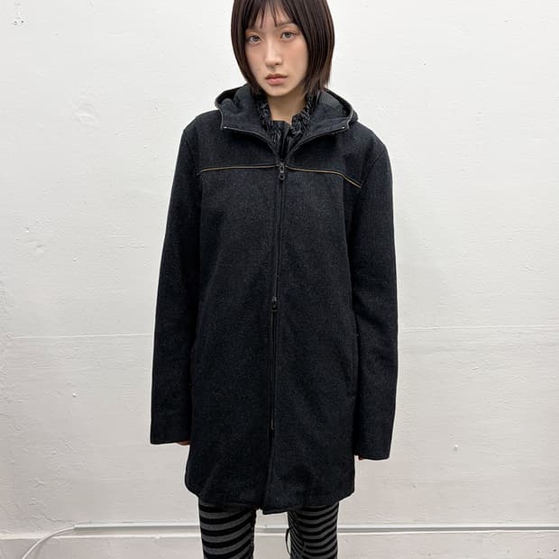 프렌치 디자이너 후디드 지퍼 코트