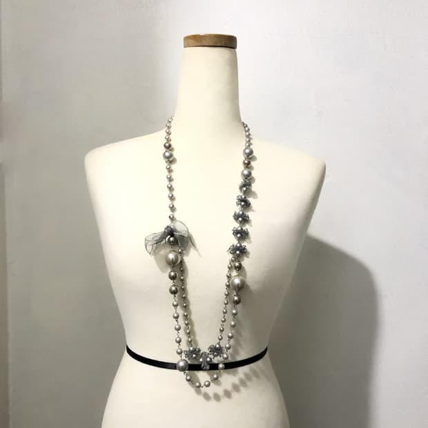 빈티지 실버 진주 리본 드롭 롱목걸이 페어리 갸루 오리엔탈